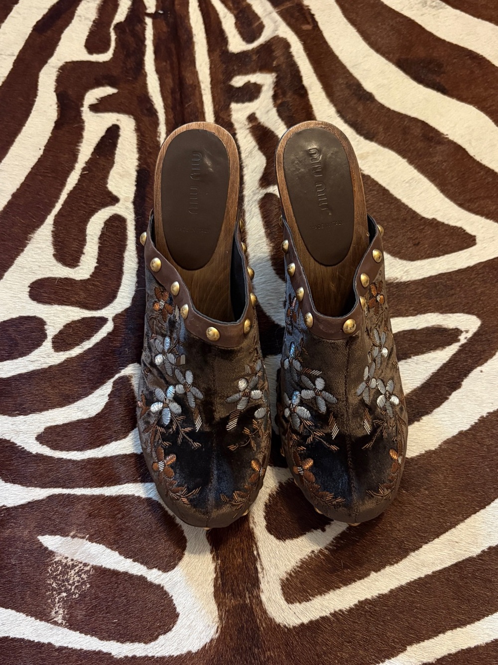 Miu Miu Brown Embroidered Leather Clog Mules with Brass Studs